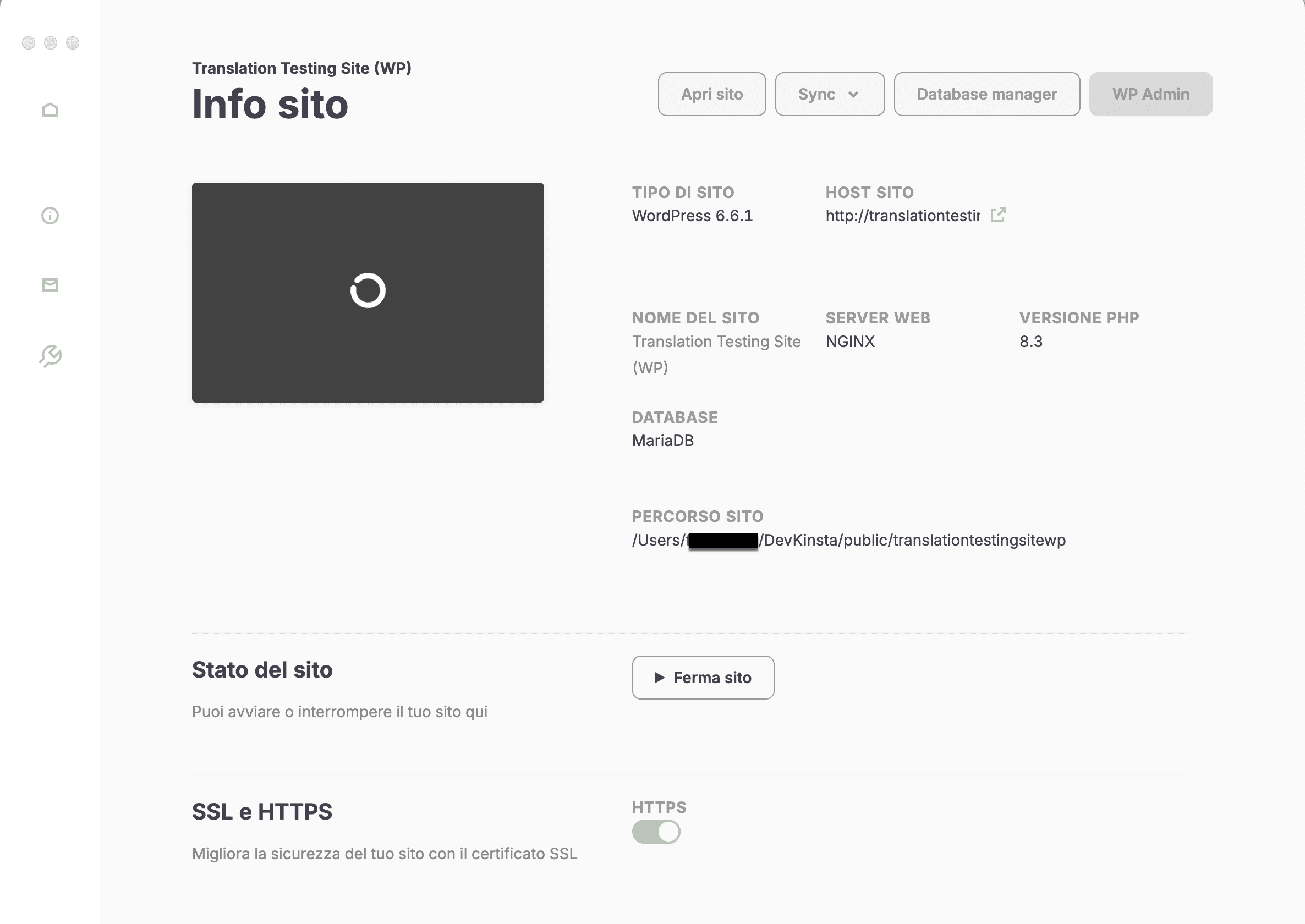 Screenshot Info Siti di DevKinsta