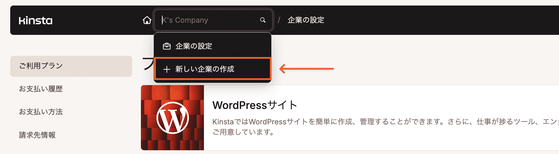 MyKinstaで新規企業を作成