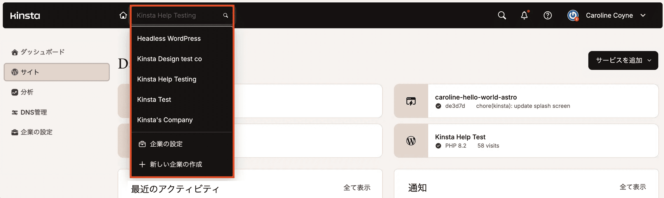 MyKinstaで企業を切り替える
