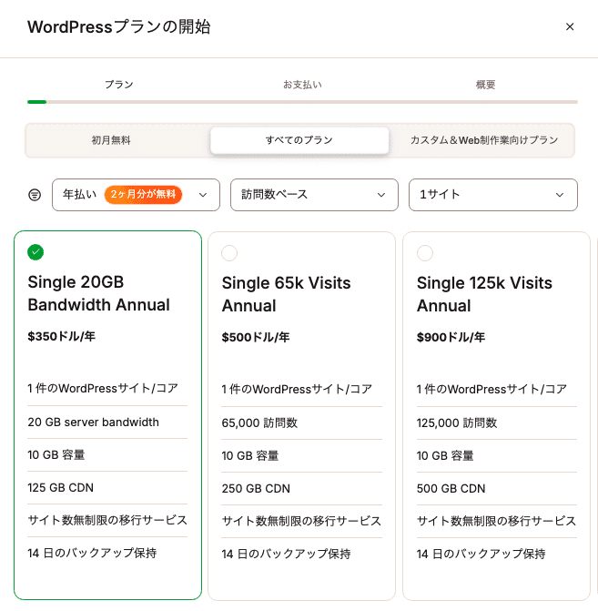 WordPress専用マネージドクラウドサーバーのプランを選択