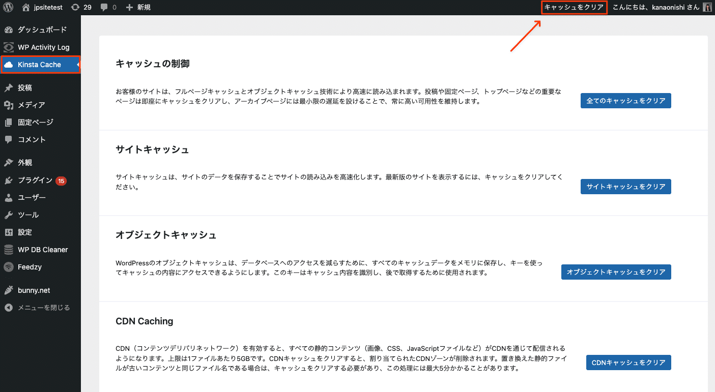 WordPress管理画面のKinsta MUプラグインページ(Kinsta Cache)