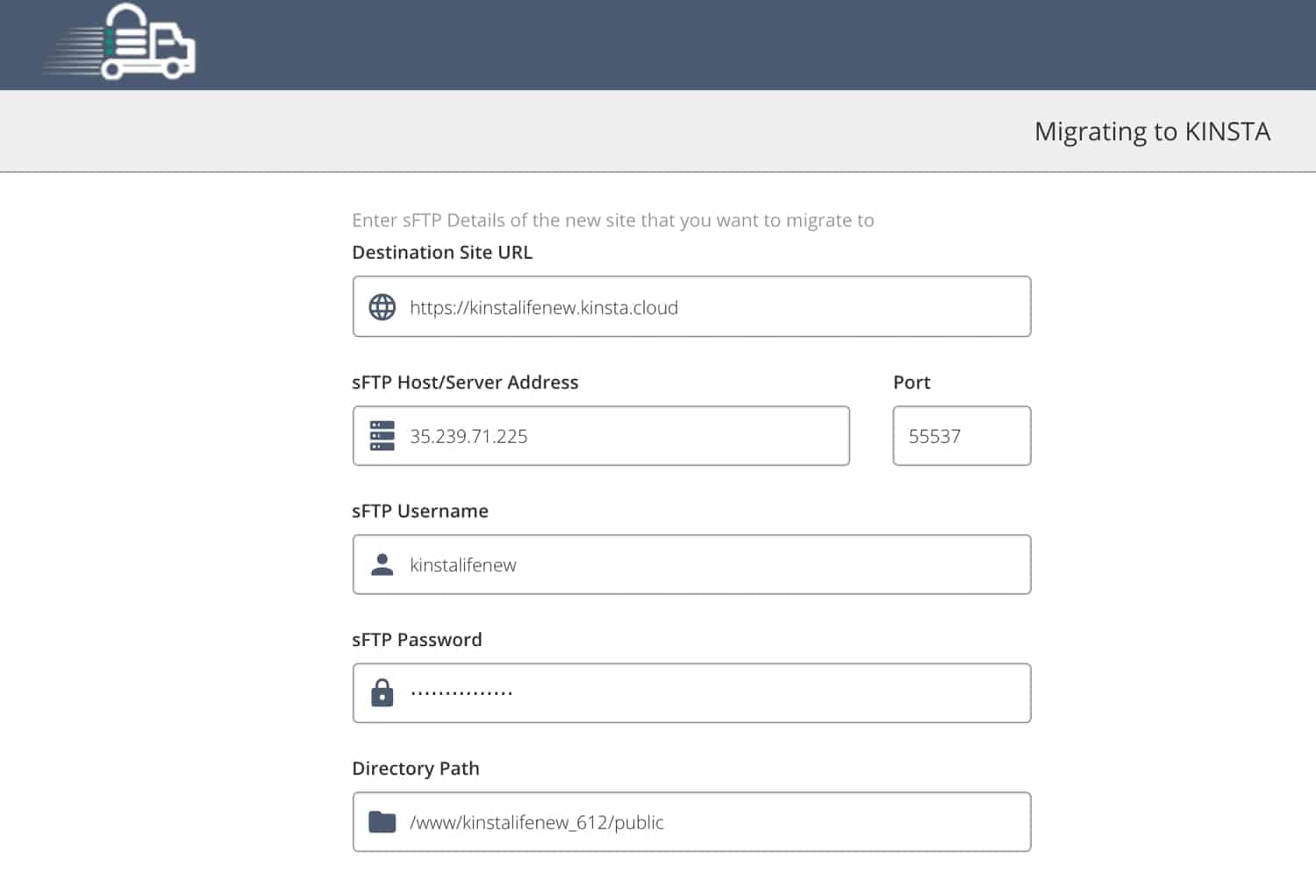 Aggiungi i dettagli del tuo sito WordPress a Migrate Guru.
