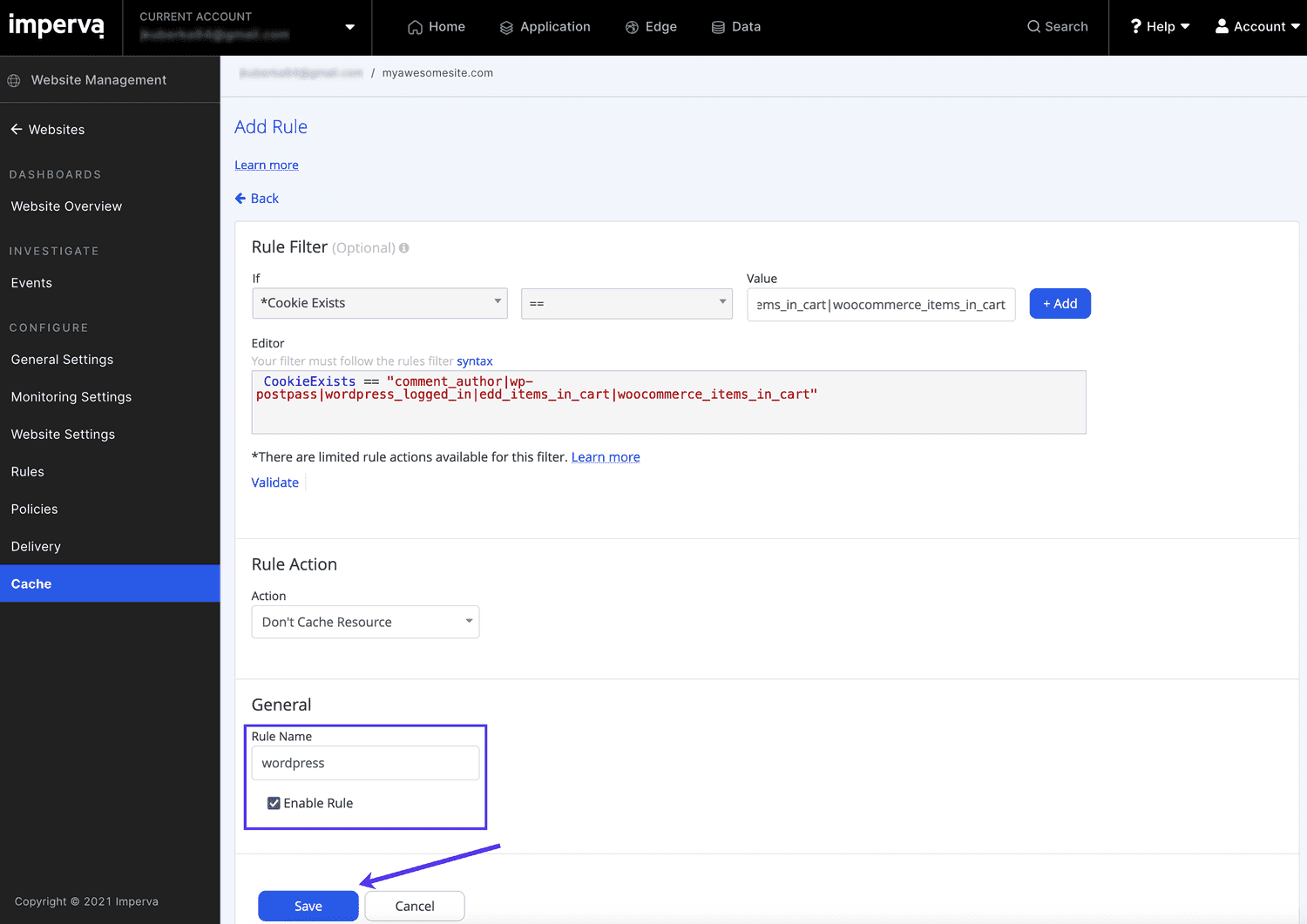 Name your new custom cache rule and save it.