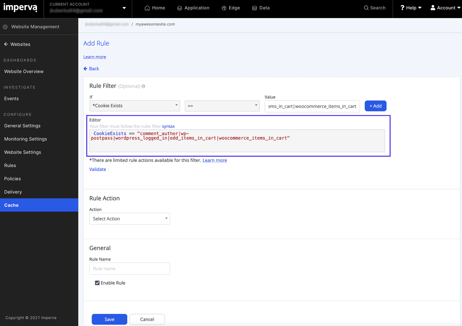 Nuova regola di cache personalizzata nell'editor delle regole di cache.