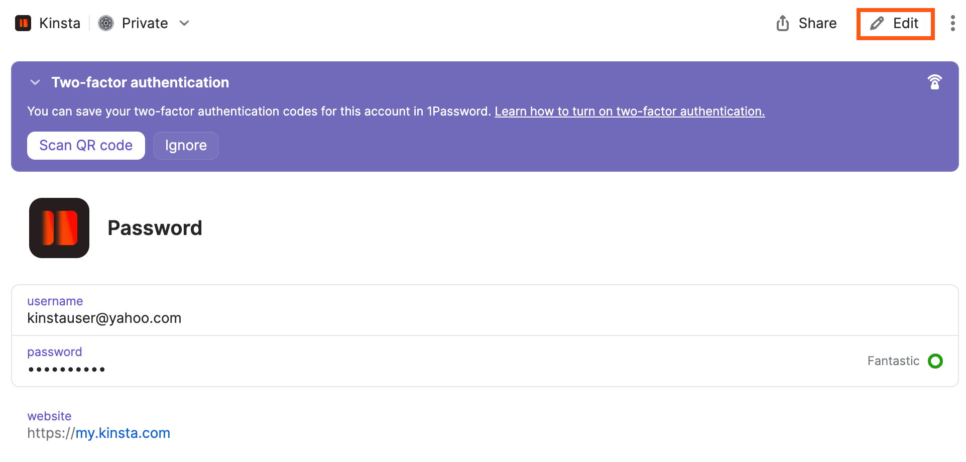 Individuare e modificare il profilo di accesso MyKinsta in 1Password.