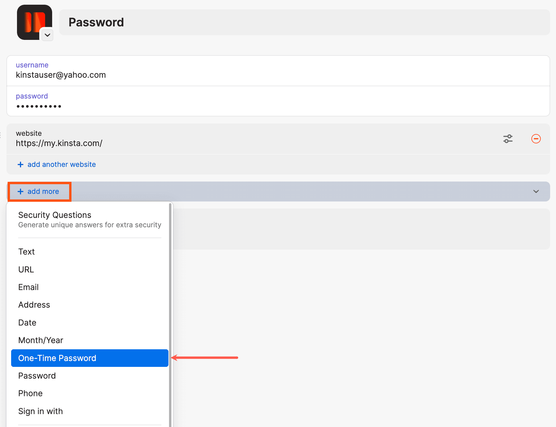 Aggiungere una password monouso in 1Password.