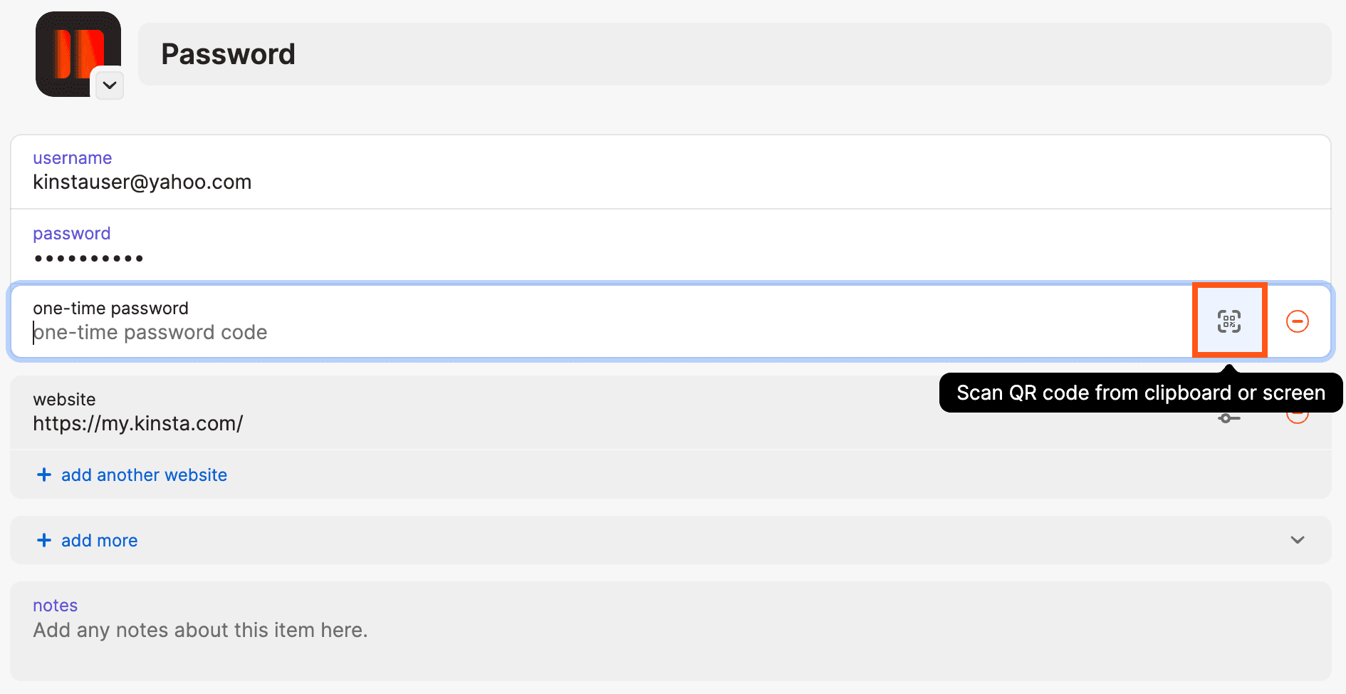 Cliccare sull'icona del codice QR per attivare lo scanner di codici QR in 1Password.