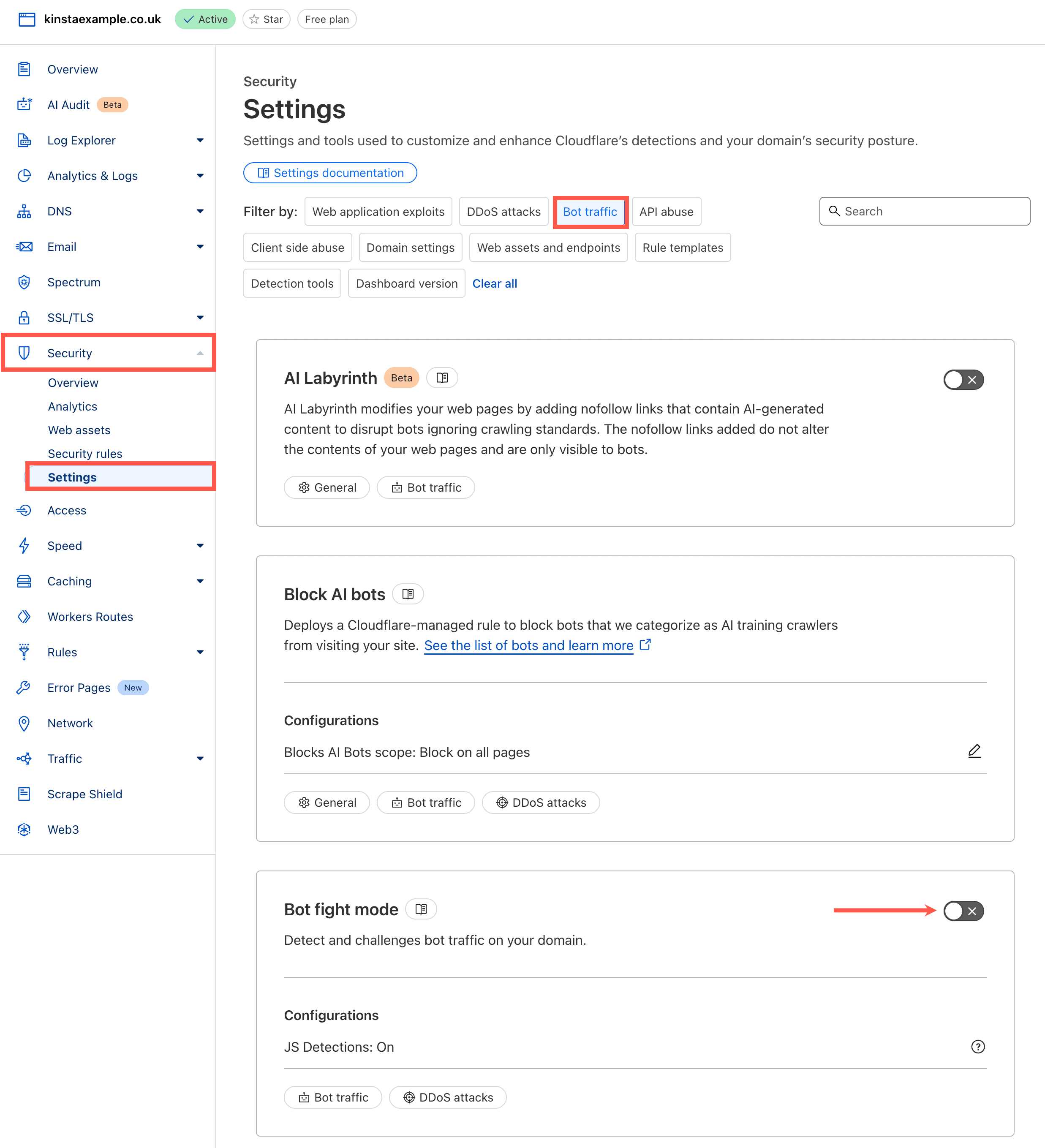 Aktiviere den Bot-Kampfmodus in Cloudflare.