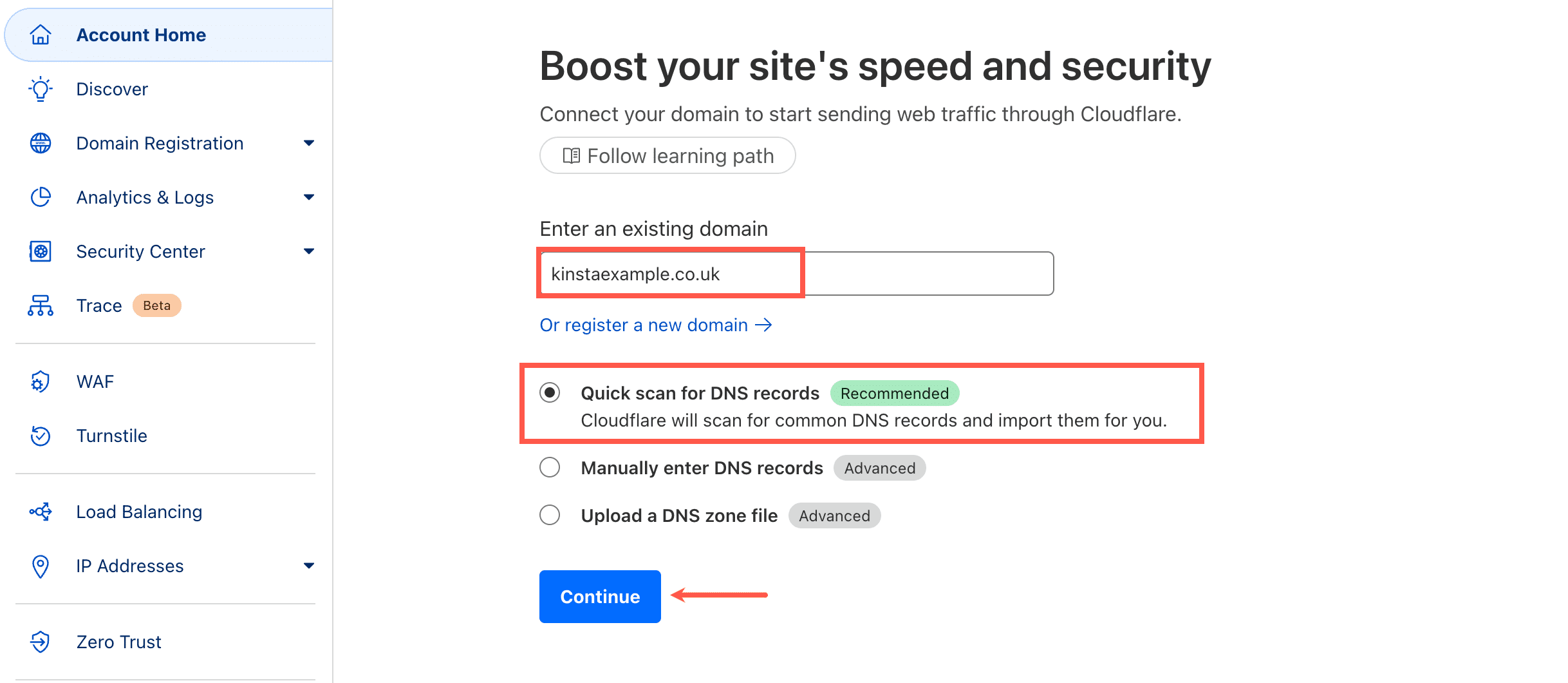 Add a site to your Cloudflare account.