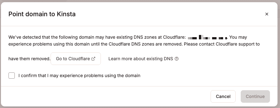 Avviso relativo al record DNS esistente su Cloudflare.