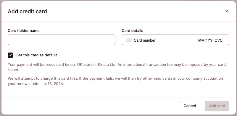 Cambia tu tarjeta de crédito predeterminada en MyKinsta.
