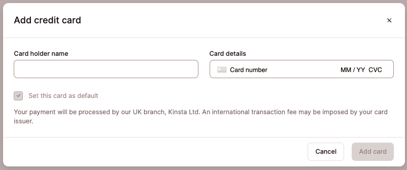 Aggiungi la tua carta di credito in MyKinsta.