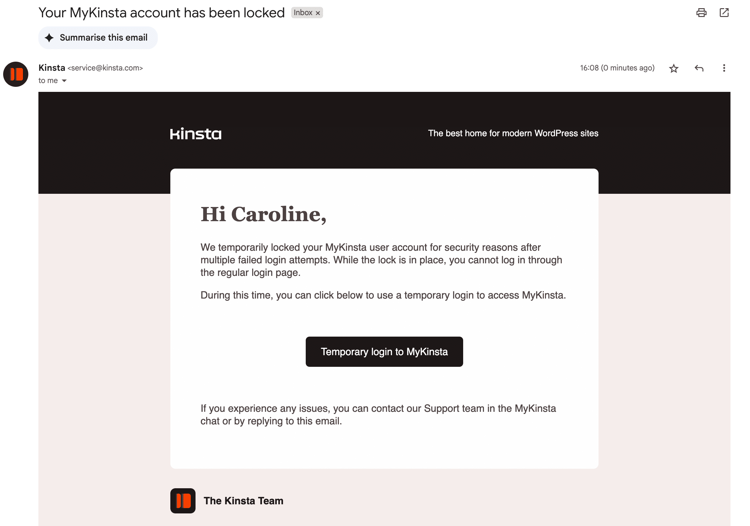 Notifica via e-mail quando un account MyKinsta è bloccato.