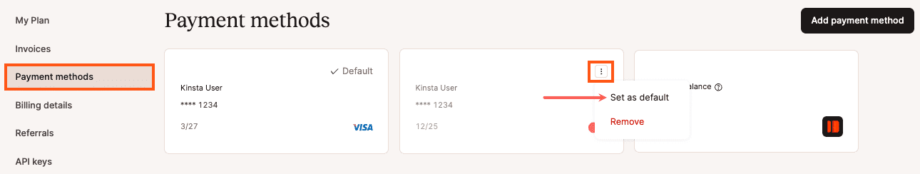 Selecciona la forma de pago por defecto en MyKinsta.