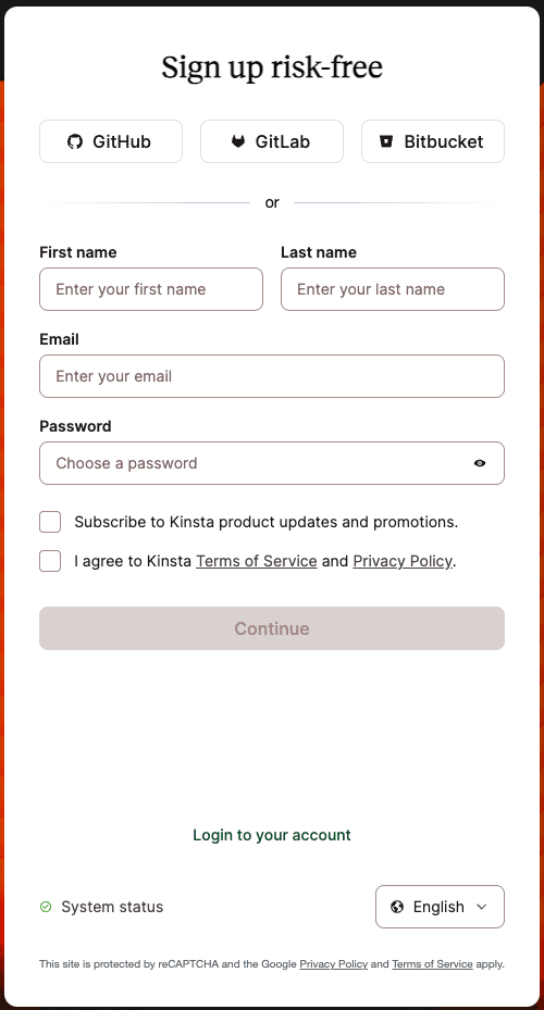 Kinsta signup page.