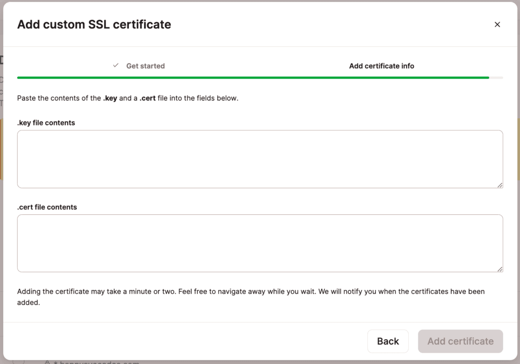 Incolla i file .key e .cert in MyKinsta.