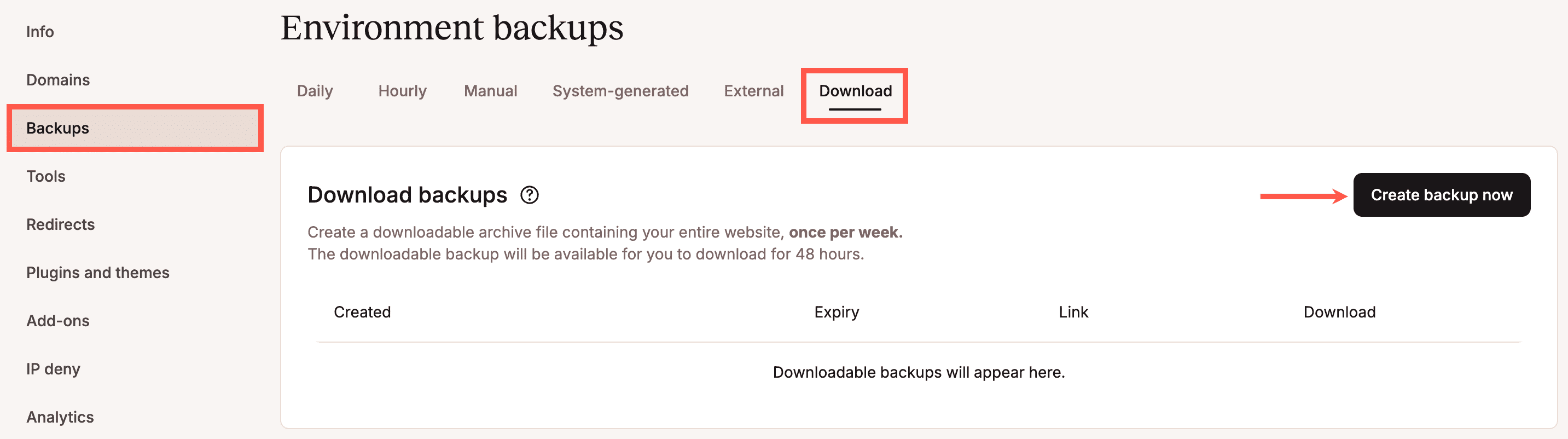 Backups para download no MyKinsta.