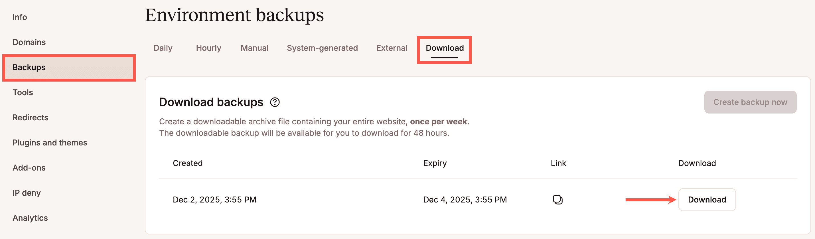 Baixe seu backup do WordPress no MyKinsta.