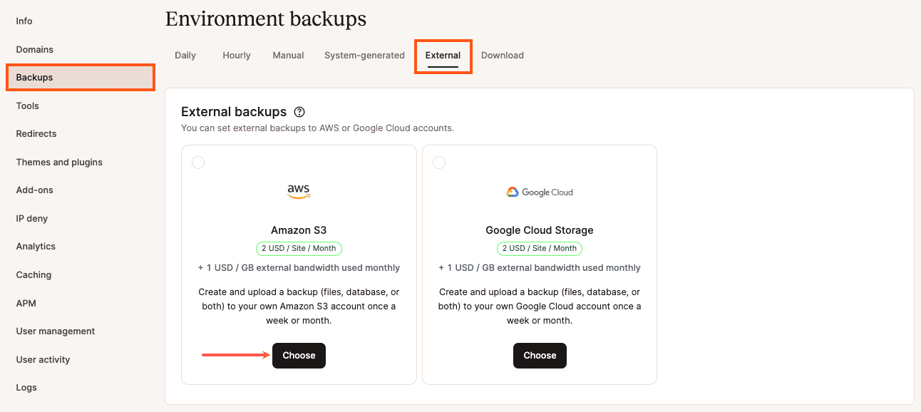 Selecione a opção Amazon S3 para backups externos.