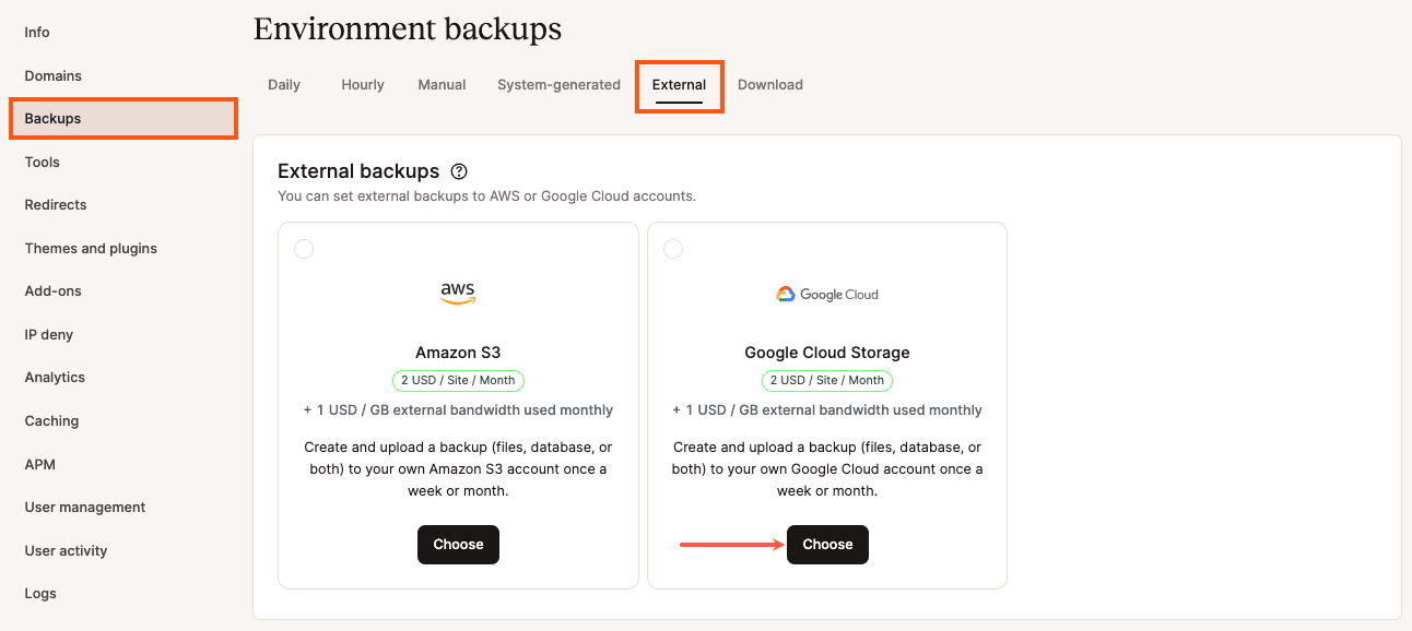 Selecione a opção Google Cloud Storage para backups externos.
