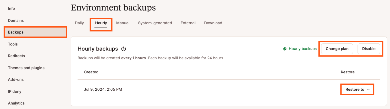 Backups a cada hora ativados no MyKinsta.