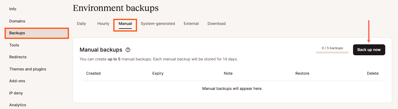 Crie manualmente um backup do WordPress no MyKinsta.