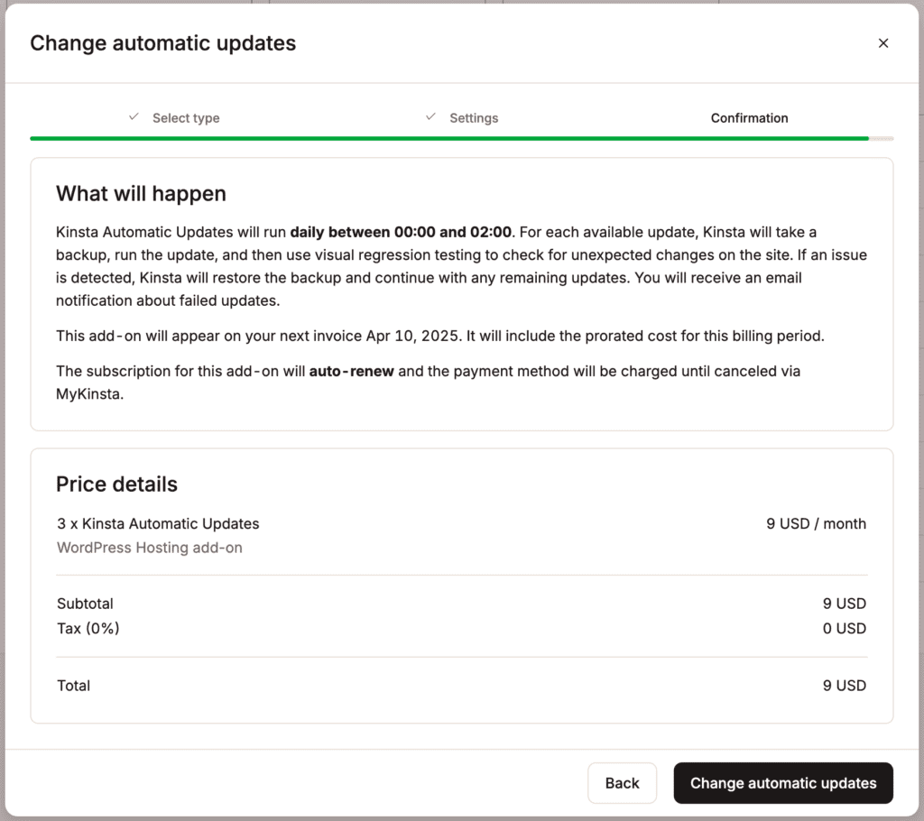 Conferma del componente aggiuntivo Aggiornamenti automatici di Kinsta.