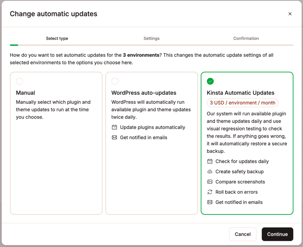Selezione degli aggiornamenti automatici da abilitare per temi e plugin.