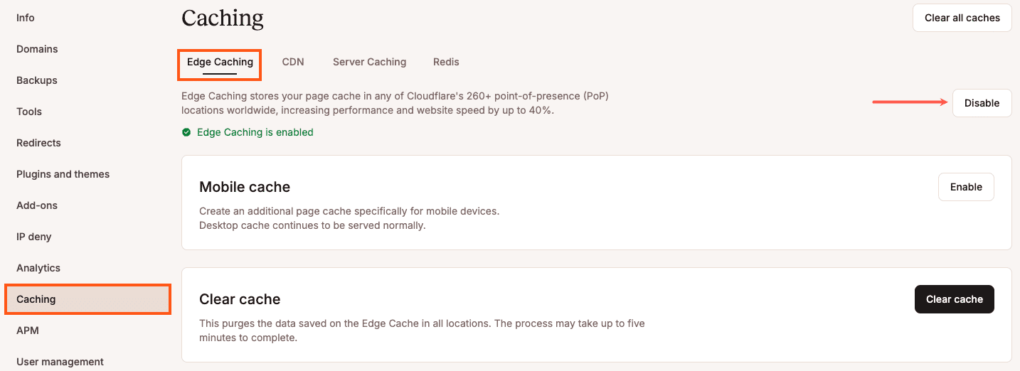 Desactivar Edge Caching.