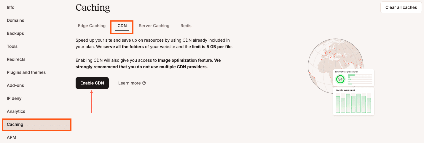 Abilitare il CDN di Kinsta nella scheda Cache.