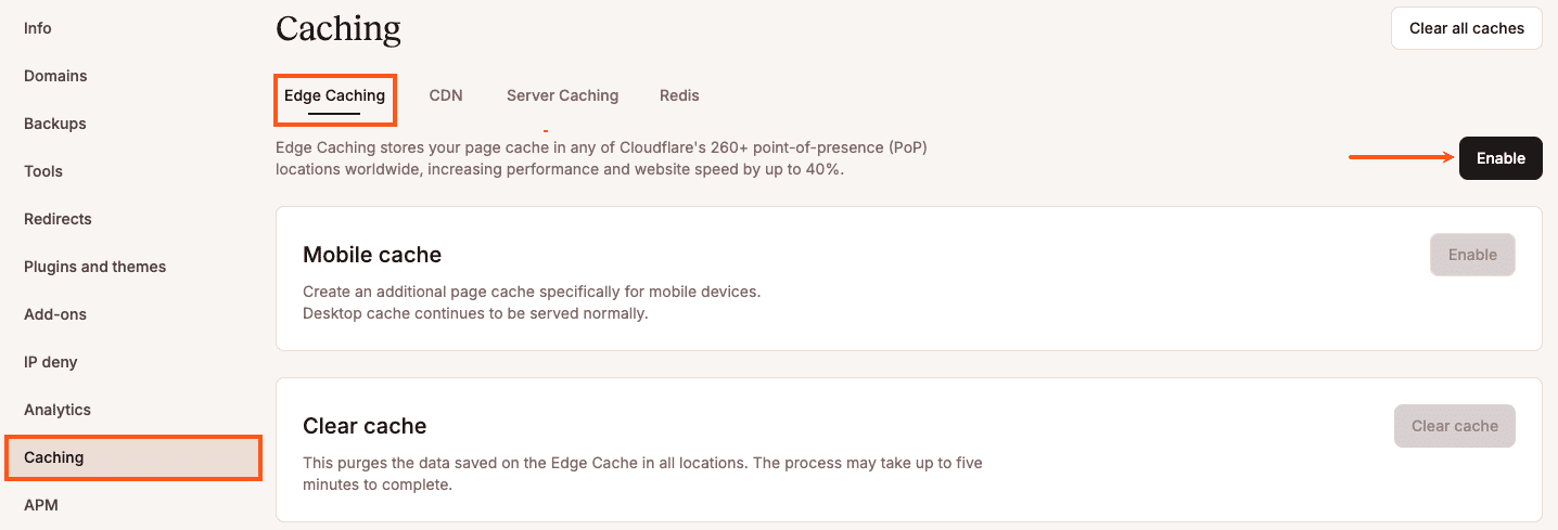 Activar Edge Caching en MyKinsta.