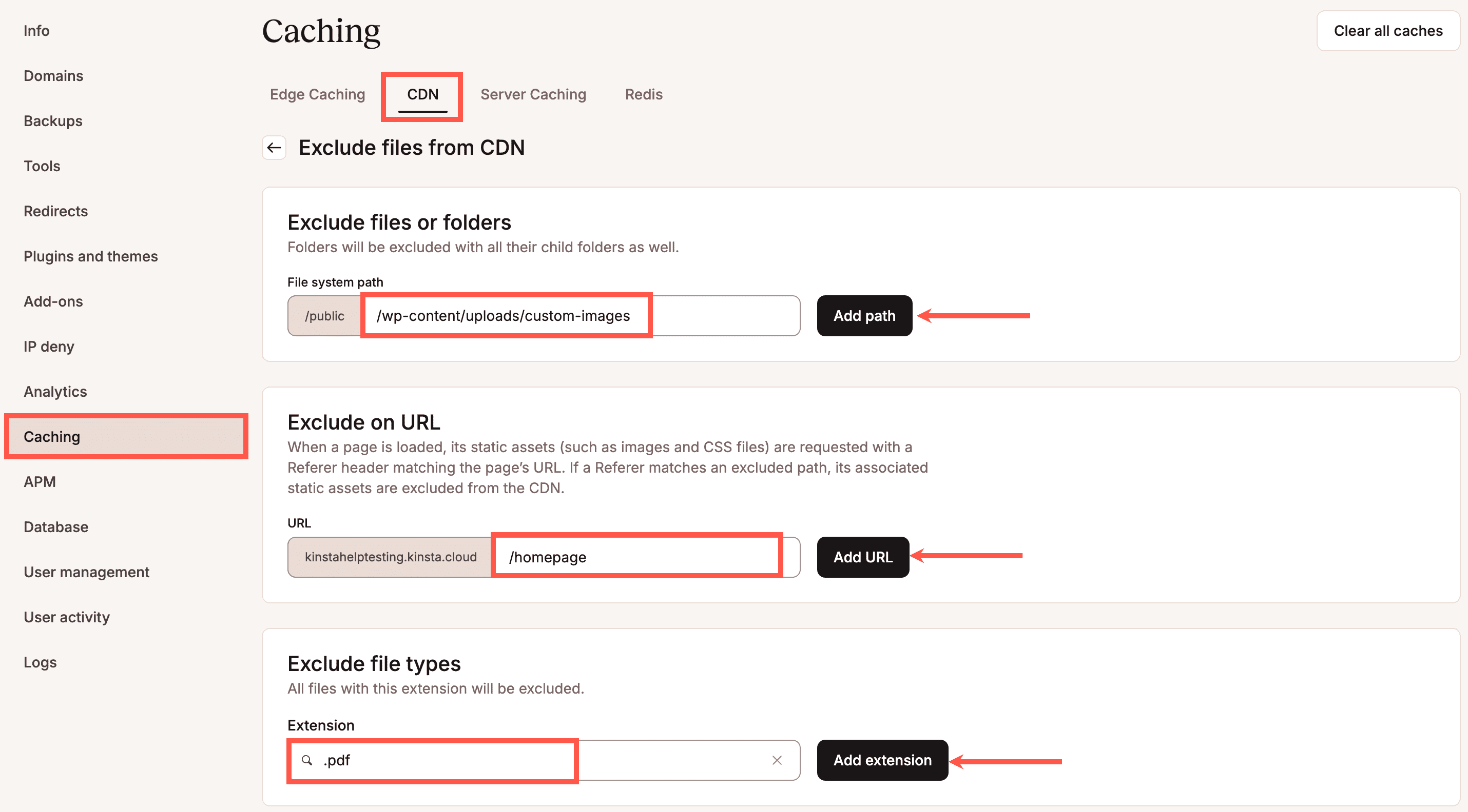 MyKinsta settings for CDN exclusions.