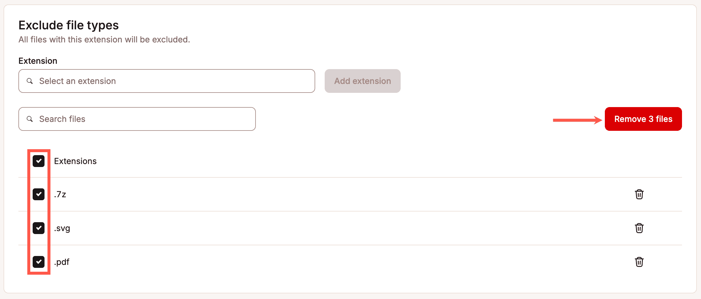 Delete multiple file type exclusions in Kinsta CDN.
