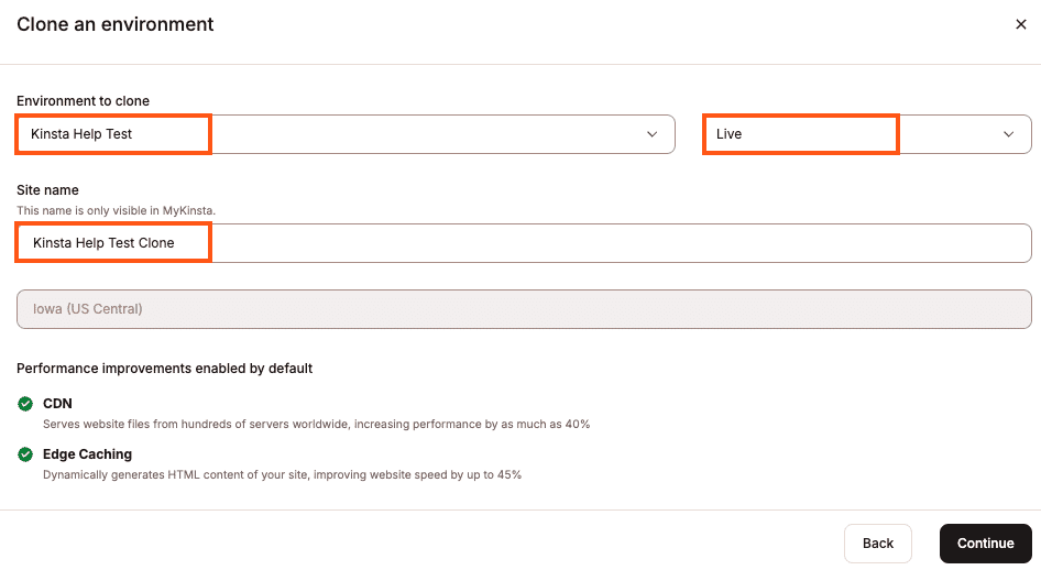 Next step in cloning an existing environment in MyKinsta.