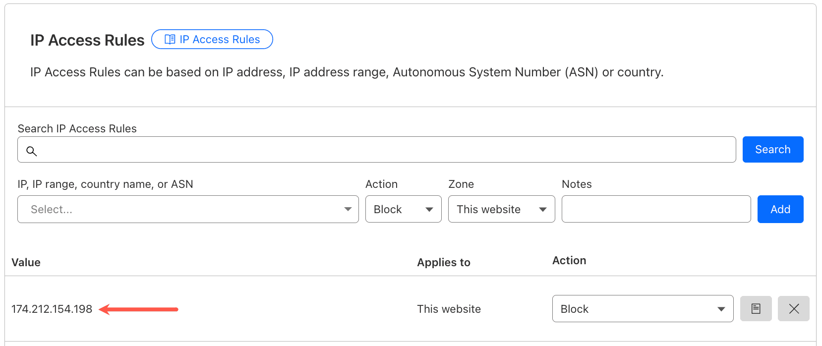Règle d'accès IP dans le tableau de bord Cloudflare.