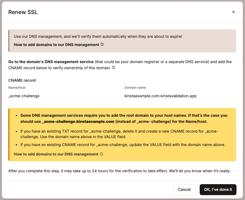 Record CNAME per verificare il dominio e rinnovare l'SSL gratuito.