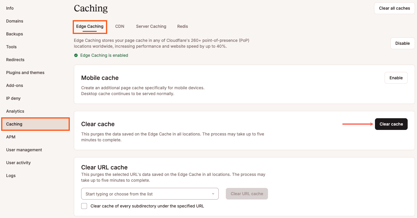 Borrar Edge Caching en MyKinsta.