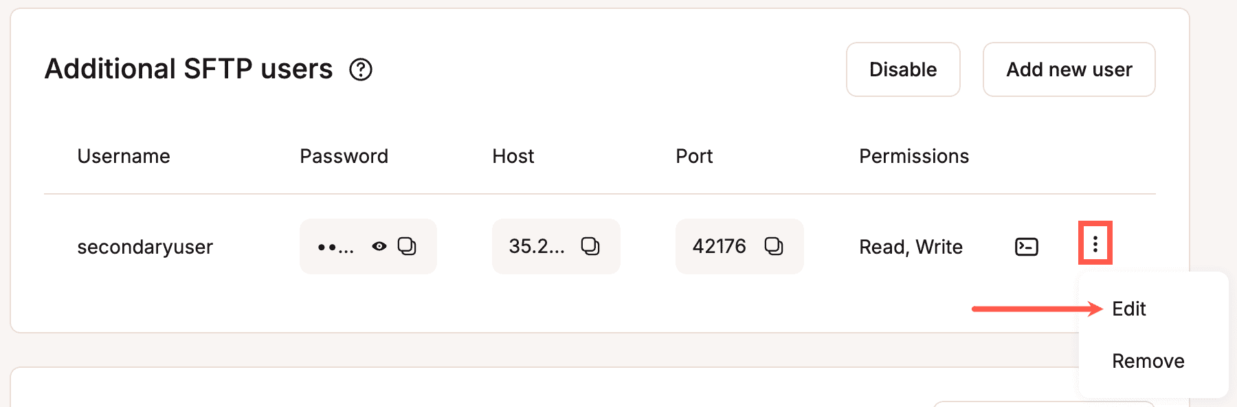 Modifica di un utente SFTP aggiuntivo.