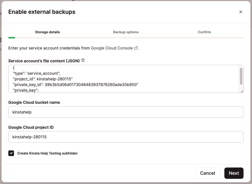 Adicione suas credenciais do GCP no MyKinsta.