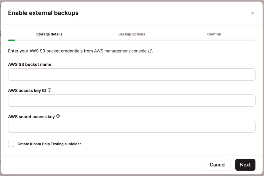 Adicione suas credenciais do AWS no MyKinsta.