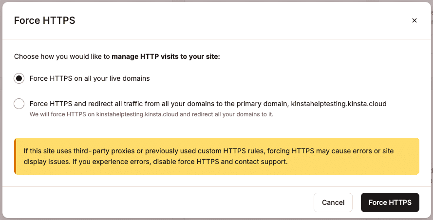 Scegli come gestire le visite HTTP e conferma l'abilitazione di Forza HTTPS.