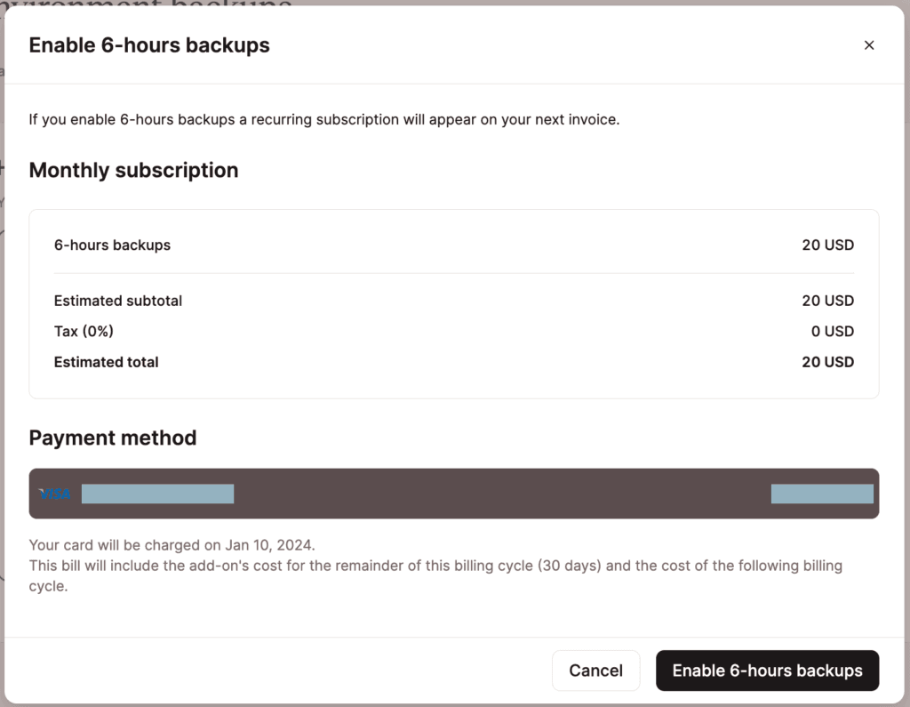 Você pode habilitar backups a cada 6 horas no MyKinsta.