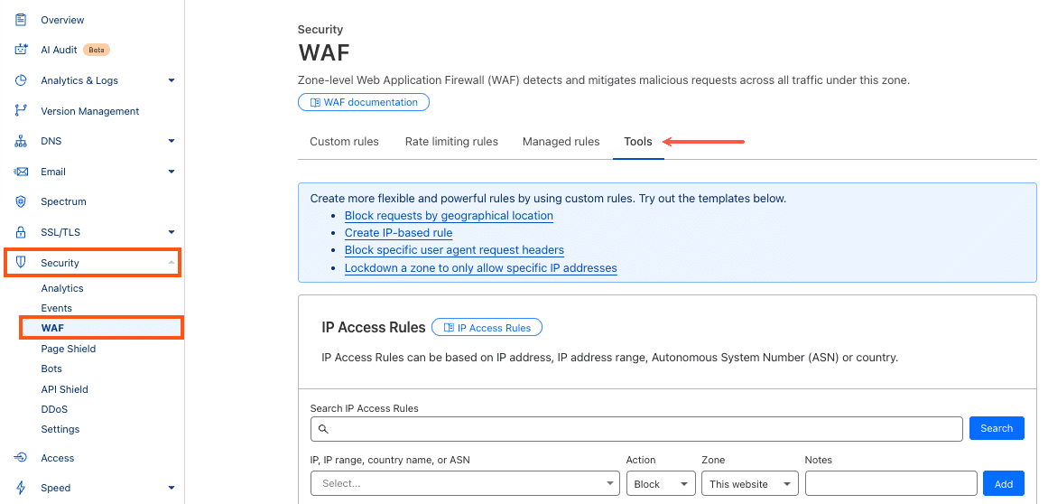 Tableau de bord des outils Cloudflare.