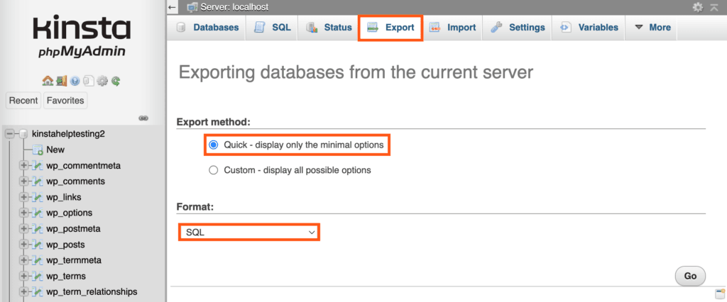 Exportieren einer Datenbank mit der Schnellexportmethode in phpMyAdmin.