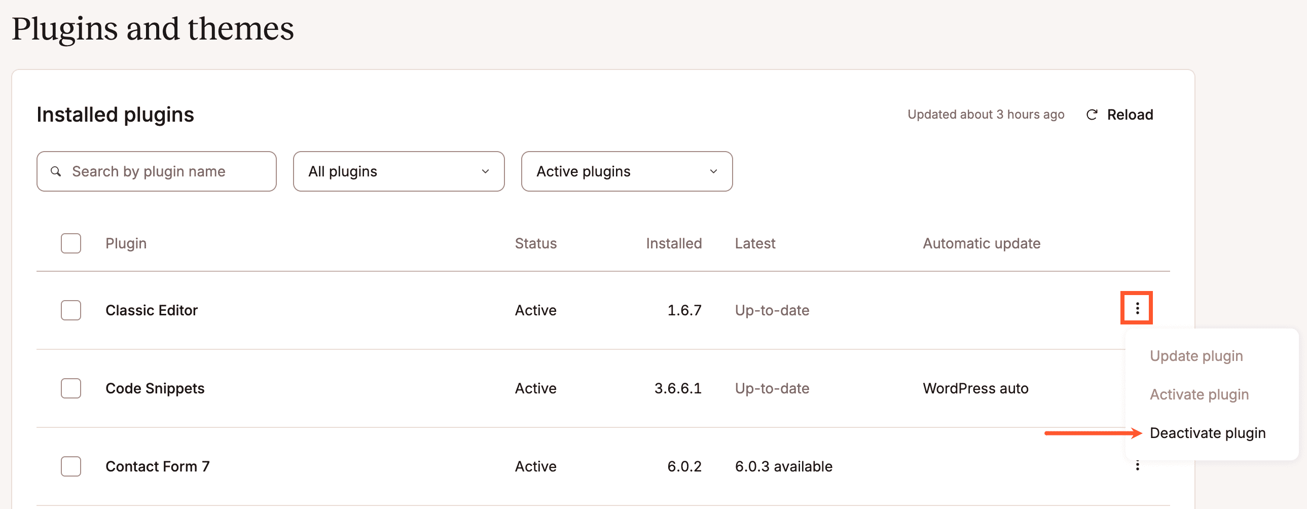 Disattivazione di un singolo plugin.