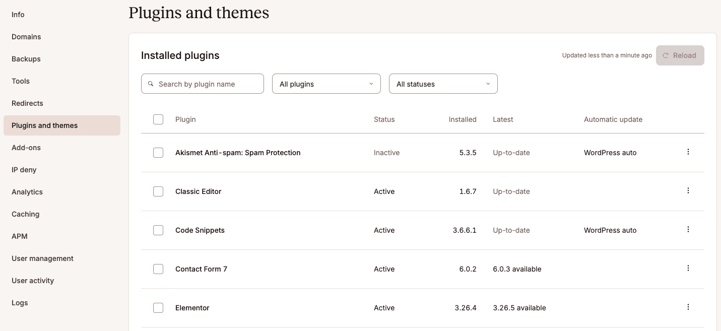 Vista dei temi e dei plugin in MyKinsta.