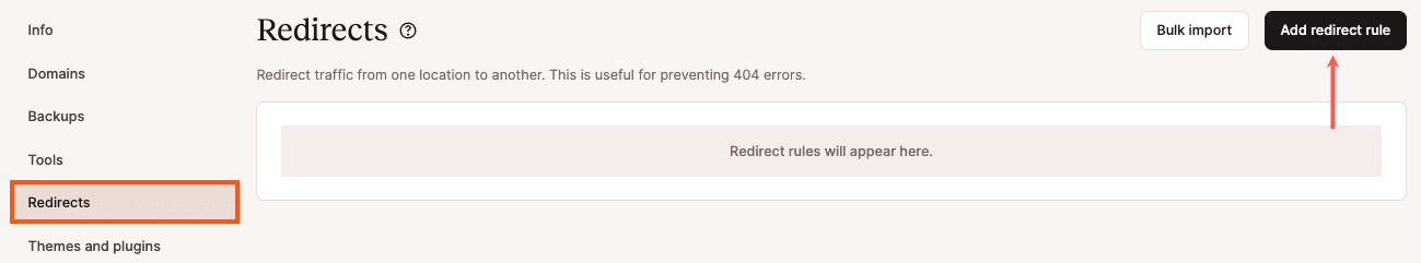 Il pulsante Aggiungi regola redirect dalla sezione Redirect di MyKinsta.