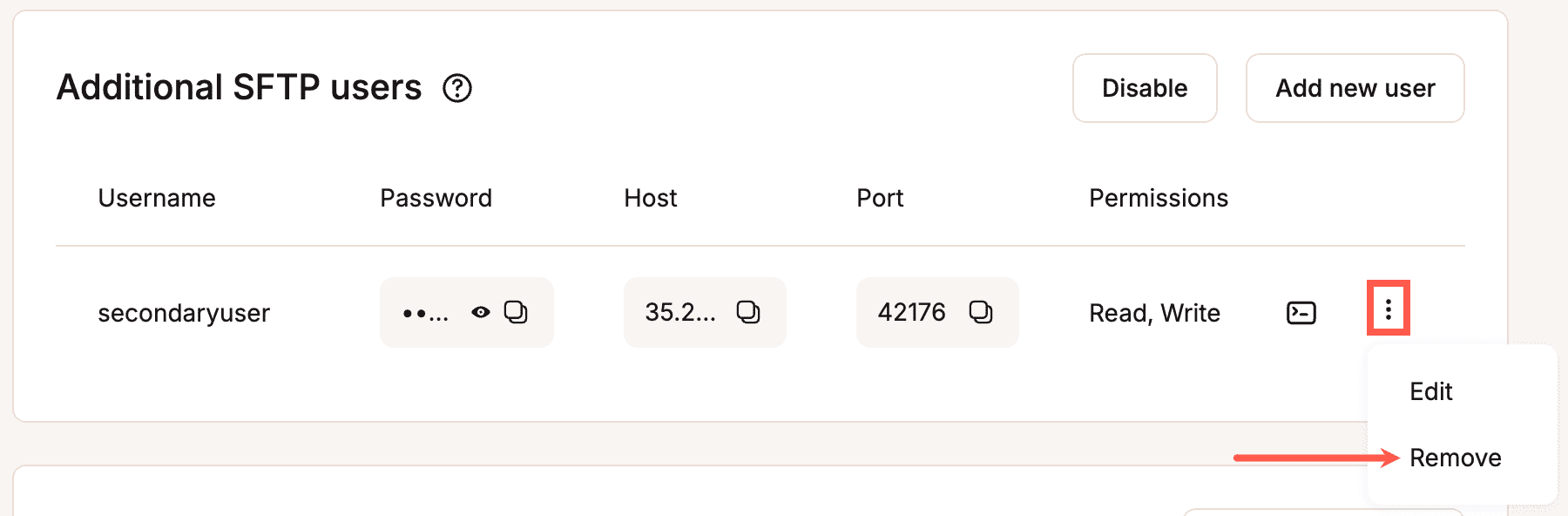 Rimuovere un altro utente SFTP.