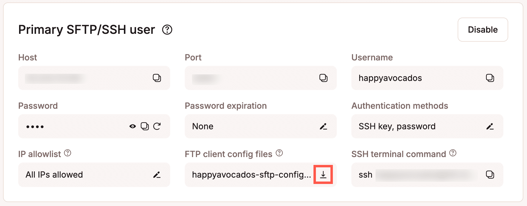 Download di un file zip con le impostazioni dell'utente SFTP primario.