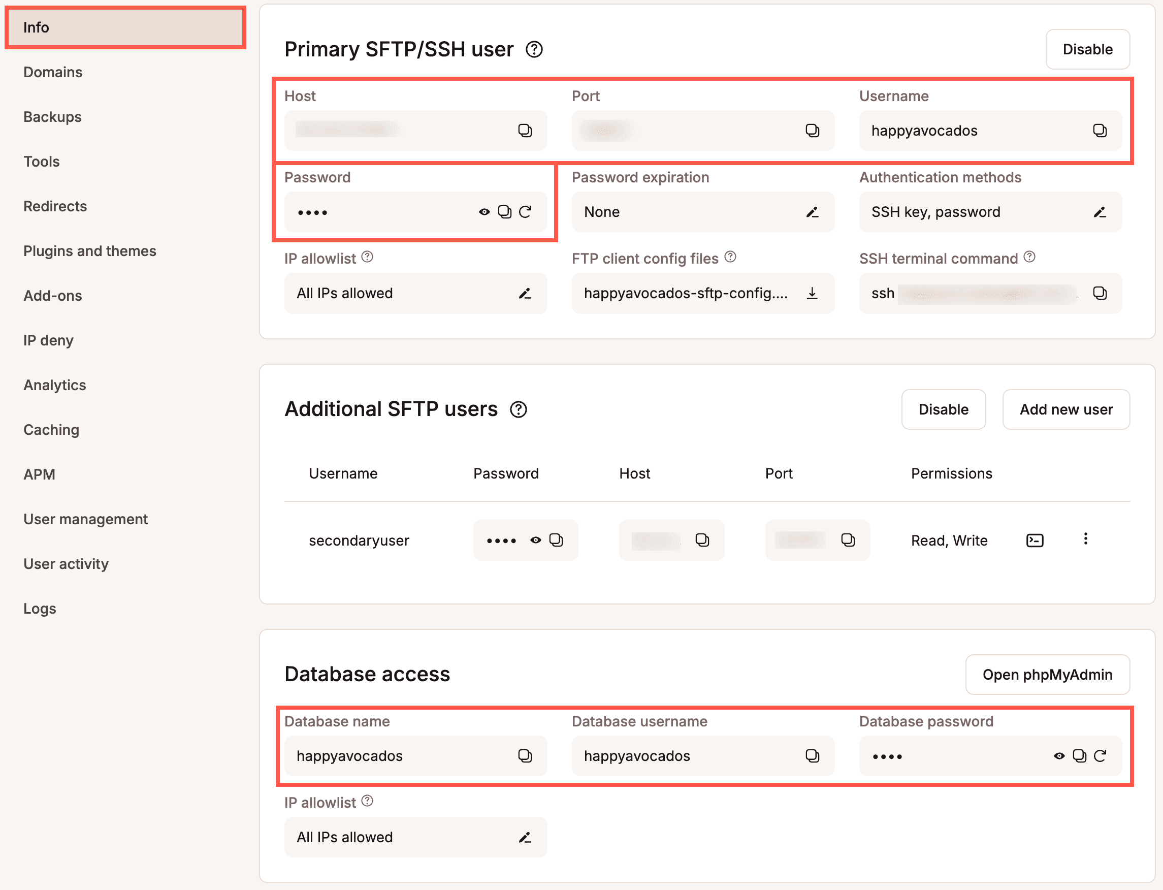Die Zugangsdaten für die Einrichtung des SSH-Tunnels findest du in MyKinsta.